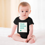 Customizable black baby bodysuit with 'YOUR DESIGN HERE' print, cotton material, perfect gift for babies.