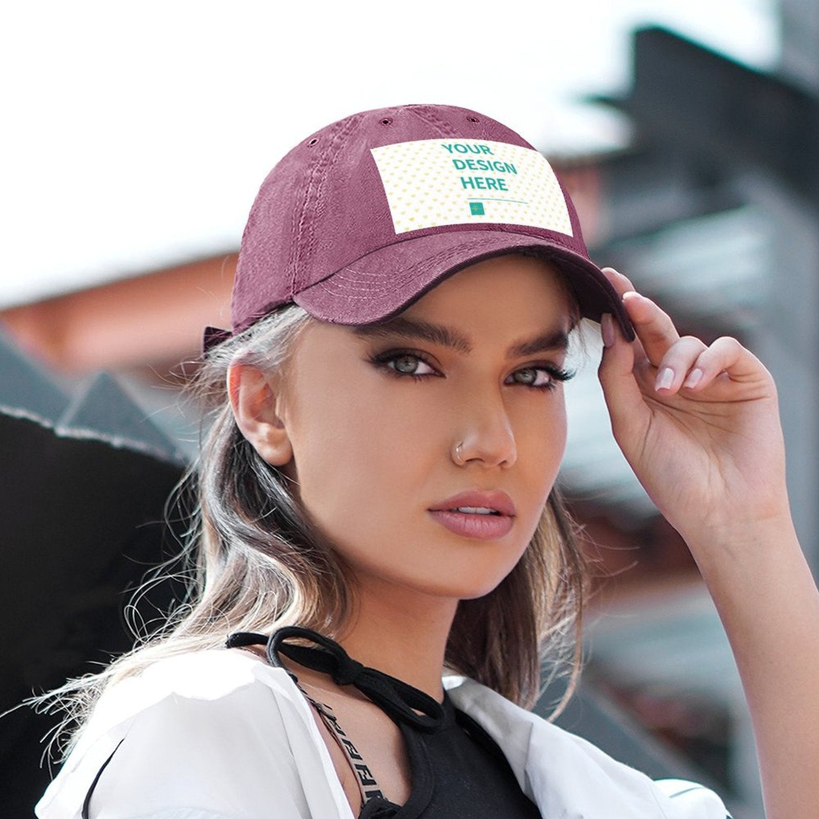 Burgundy custom baseball cap with 'YOUR DESIGN HERE' design, denim material, for men and women, personalized gifts.