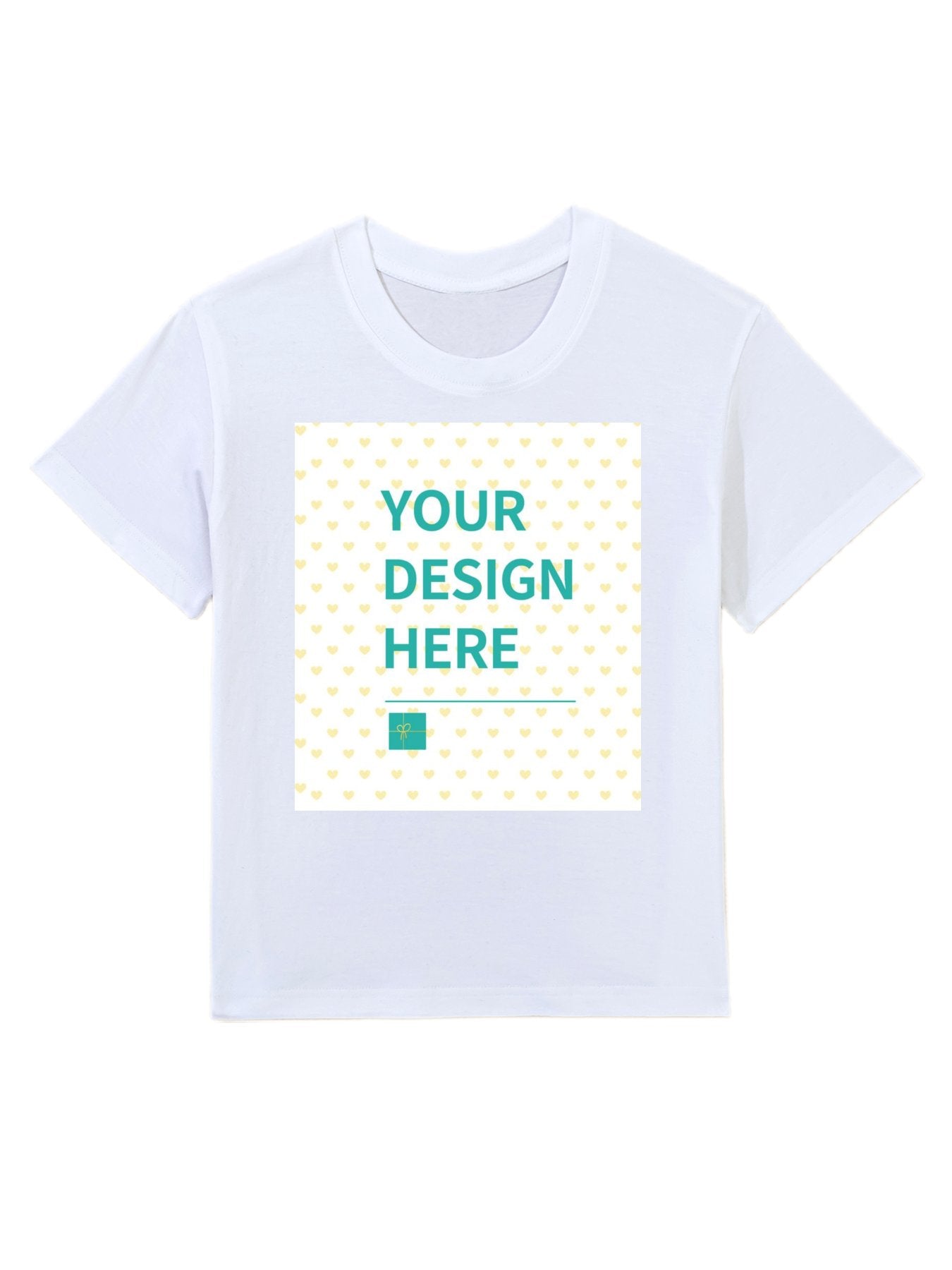 Customizable white kids' t-shirt with 'YOUR DESIGN HERE' design area for personalized gifts from MyArtsyGift