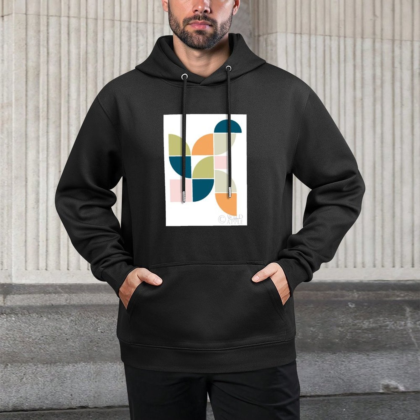 Men's black stick hooded sweatshirt featuring mid-century geometric art, soft and comfortable, Made in USA, Wild Apple.