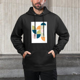 Men's black stick hooded sweatshirt featuring mid-century geometric art, soft and comfortable, Made in USA, Wild Apple.