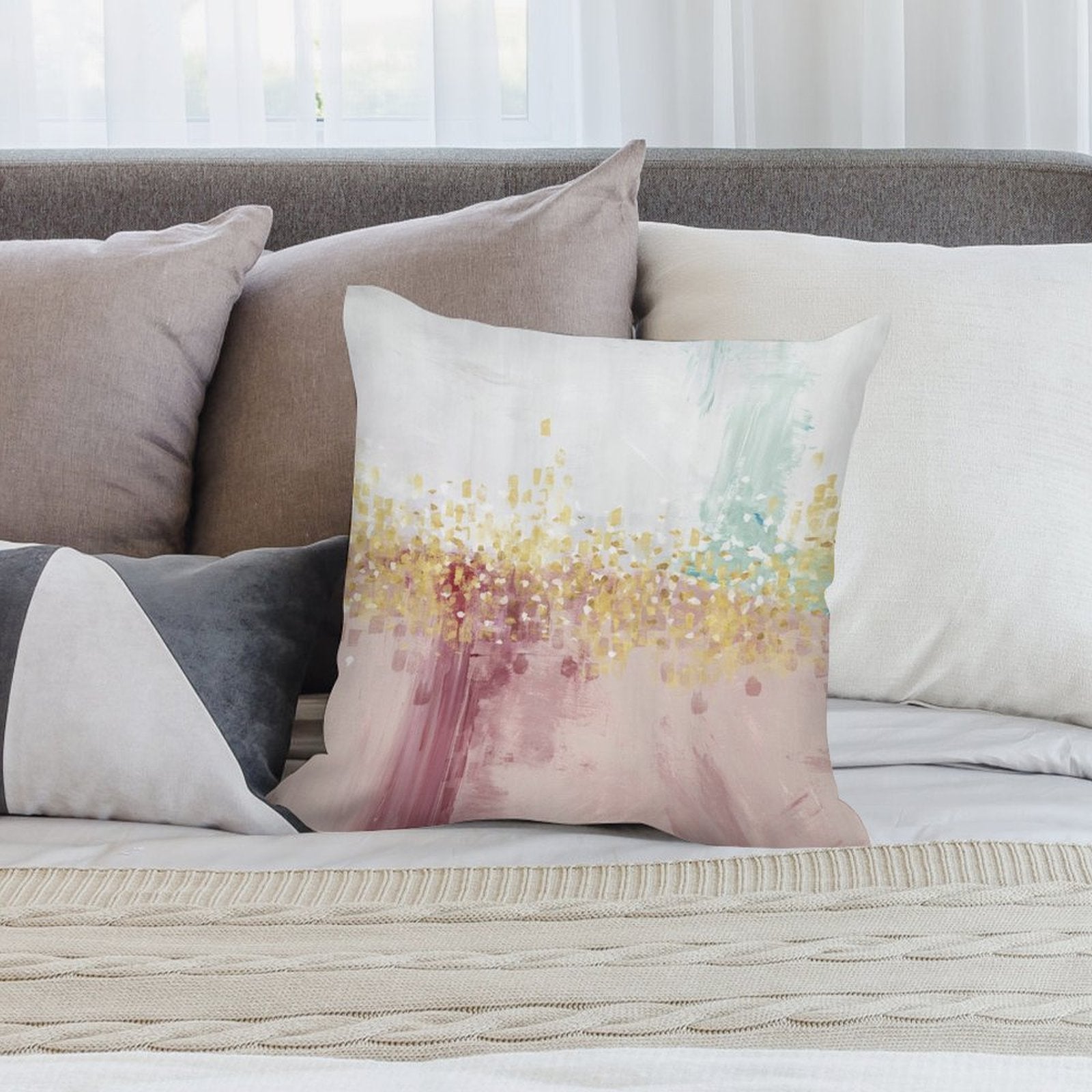 Abstract art pillow cover in pink, gold, and blue, luxury soft plush, perfect for sofa or living room.