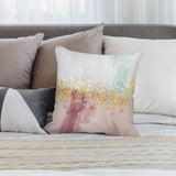 Abstract art throw pillow cover in pink, gold, and blue. Soft, fluffy decorative pillow for sofa, available at MyArtsyGift.