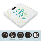 Customizable digital bathroom scale with tempered glass and LCD display, featuring 'Your Design Here' design.