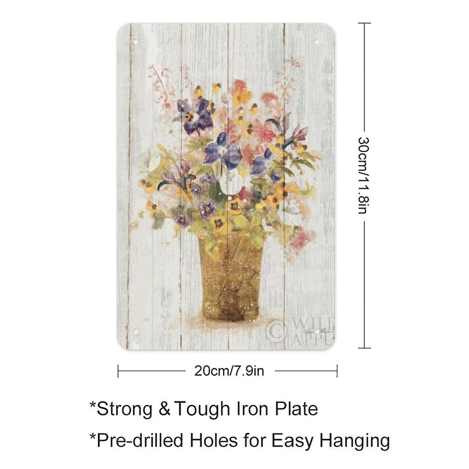 Metal tin sign, watercolor wildflowers in vase art print, durable iron plate for home decor