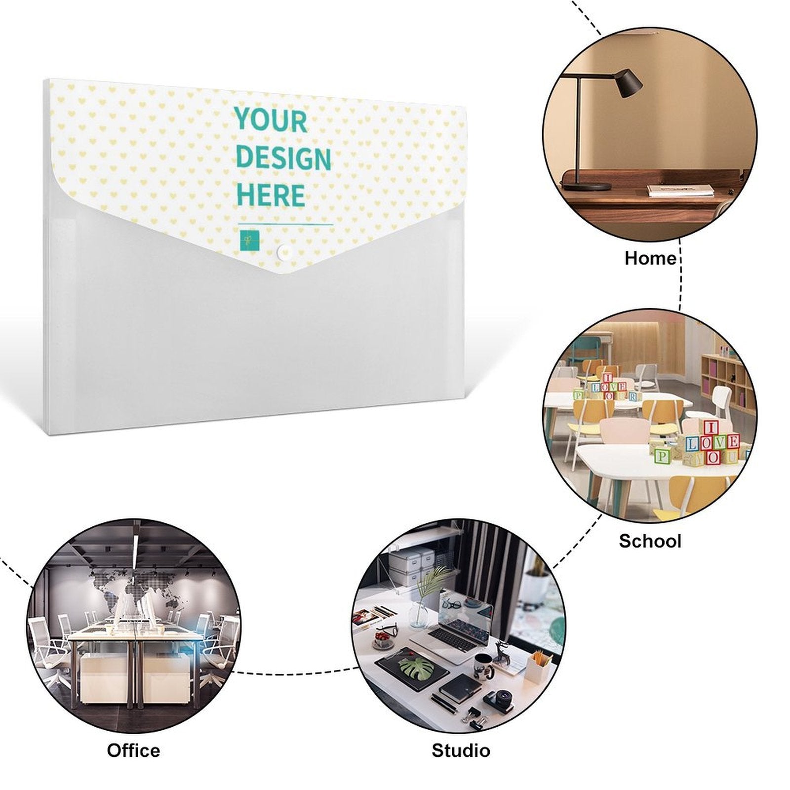 Customizable expanding file folder with 'YOUR DESIGN HERE' text, portable organizer for school or office supplies.