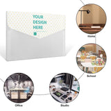 Customizable expanding file folder with 'YOUR DESIGN HERE' text, portable organizer for school or office supplies.