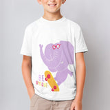 Kids short sleeve t-shirt with a skateboarding purple elephant and 'BE UNIQUE' text, perfect for summer wear.