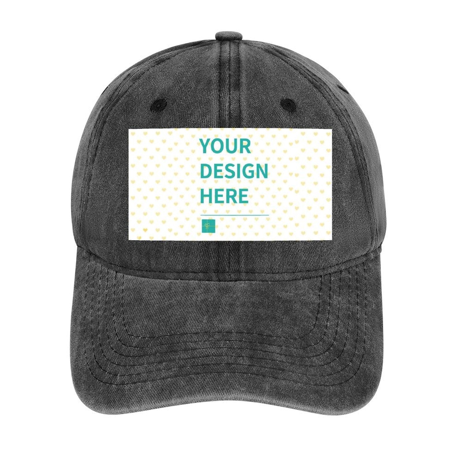 Customizable denim baseball cap with 'YOUR DESIGN HERE' design, personalized trucker hats for men and women.