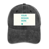 Customizable denim baseball cap with 'YOUR DESIGN HERE' design, personalized trucker hats for men and women.