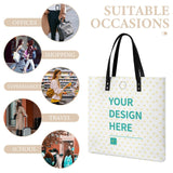 Personalized PU leather tote bag with heart design, ideal for shopping, work, travel. Features 'YOUR DESIGN HERE' text.