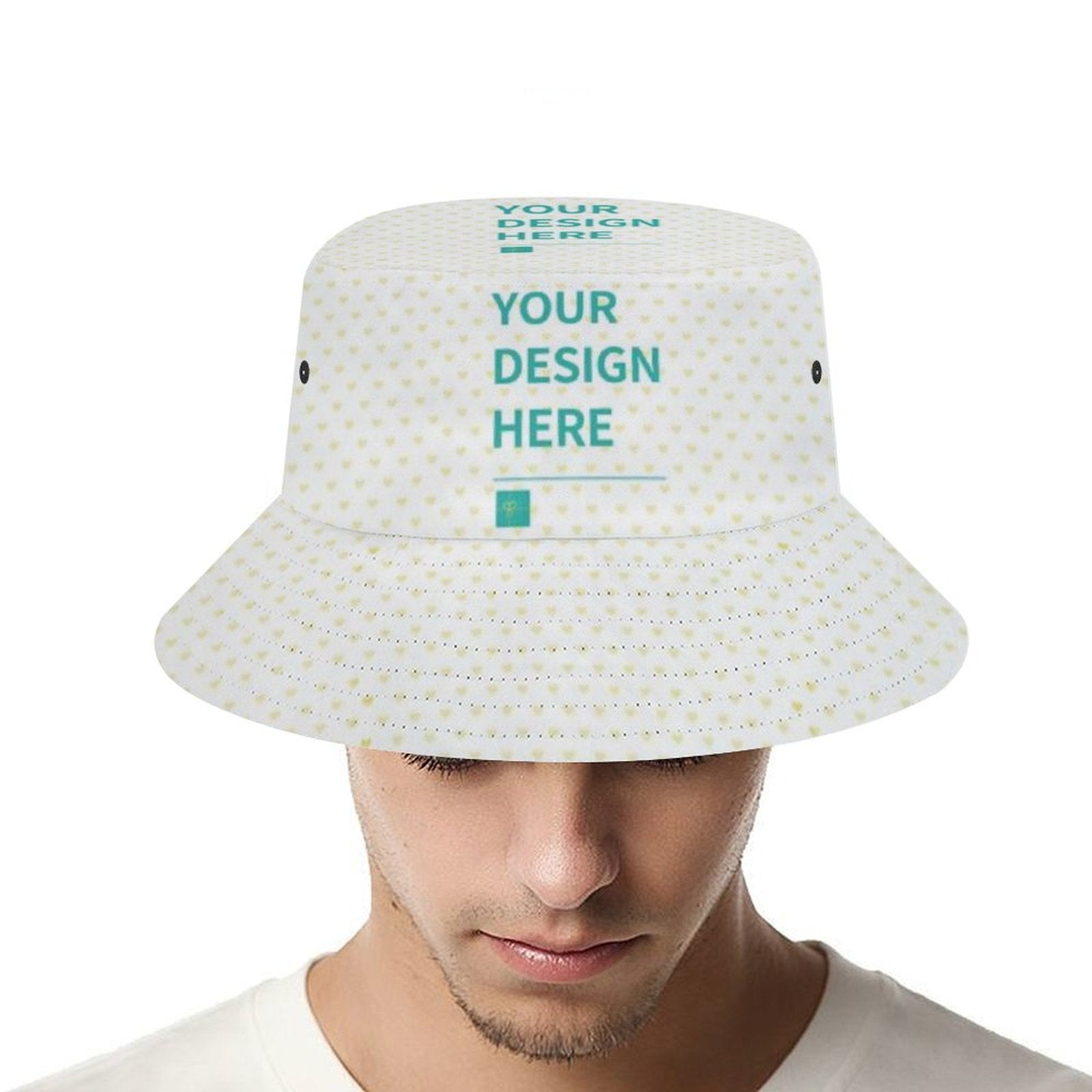 Custom white bucket hat with 'YOUR DESIGN HERE' text, perfect for fishing, hiking, and travel.