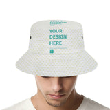 Custom white bucket hat with 'YOUR DESIGN HERE' text, perfect for fishing, hiking, and travel.