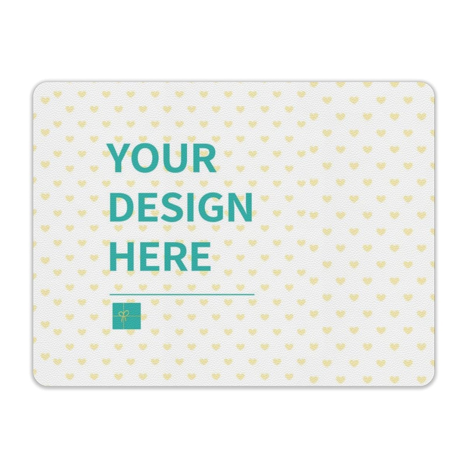 Customizable leather mouse pad with "YOUR DESIGN HERE" text and heart pattern for office or home.