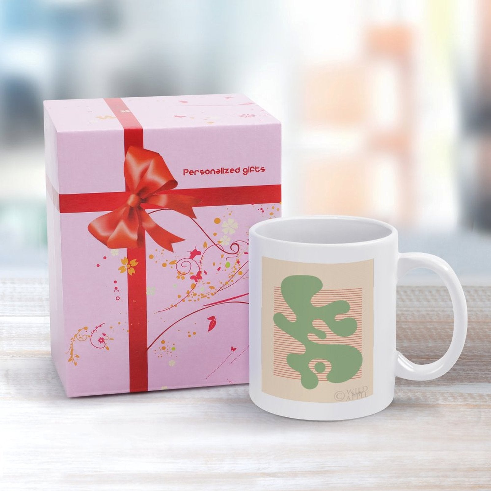White ceramic mug with Shape Up IV design, a personalized gift from MyArtsyGift.com, with a gift box.