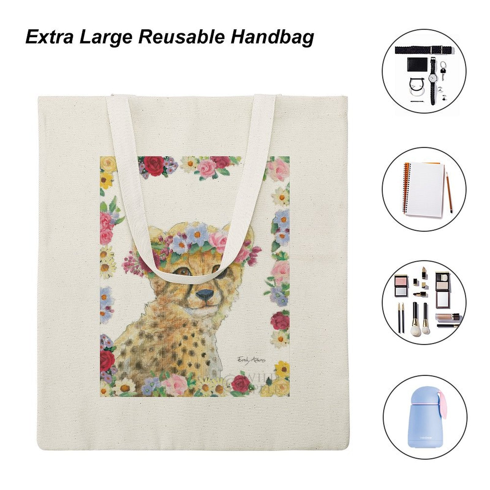 Personalized cotton tote bag, cheetah and flower design, reusable shopping bag, MyArtsyGift.