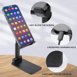 Black adjustable phone stand: not block screen, charging port, anti-skid base. For phones and tablets