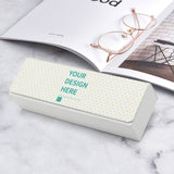 Customizable leather eyeglass case with 'YOUR DESIGN HERE' design, perfect gift for men and women.