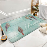 Coral velvet bath rug with princess bird design and Princess text, bathroom decor