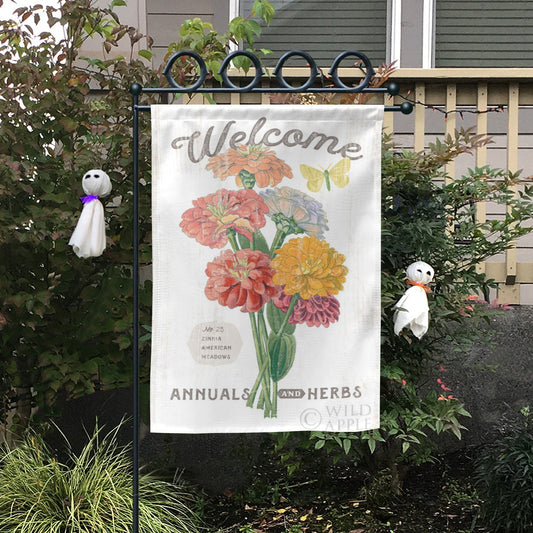 Double-sided garden flag with welcome text and zinnia flowers. Farmhouse garden decor.