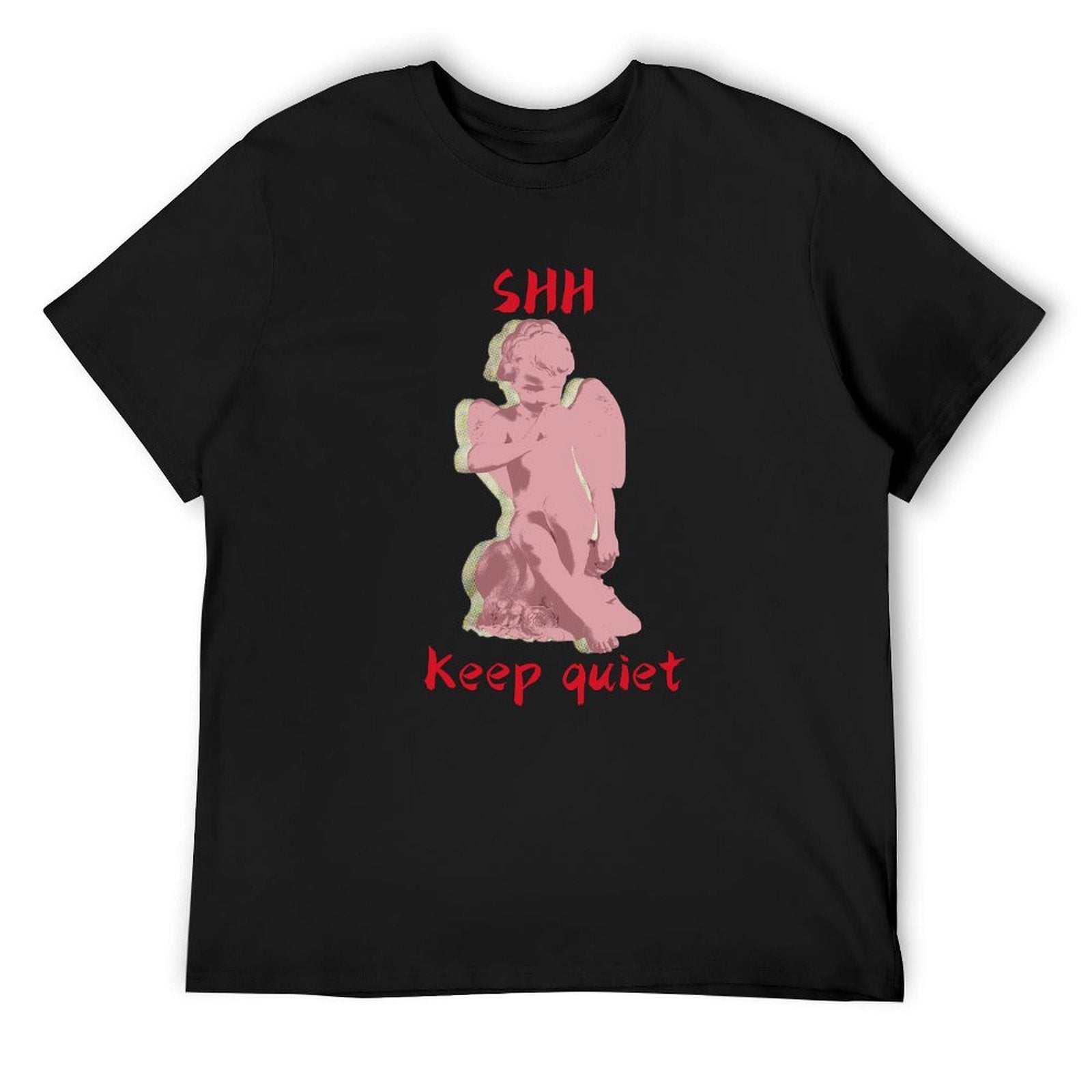 Black men's crew neck t-shirt with pink angel graphic and red "SHH Keep Quiet" text print, classic tee