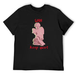 Black men's crew neck t-shirt with pink angel graphic and red "SHH Keep Quiet" text print, classic tee