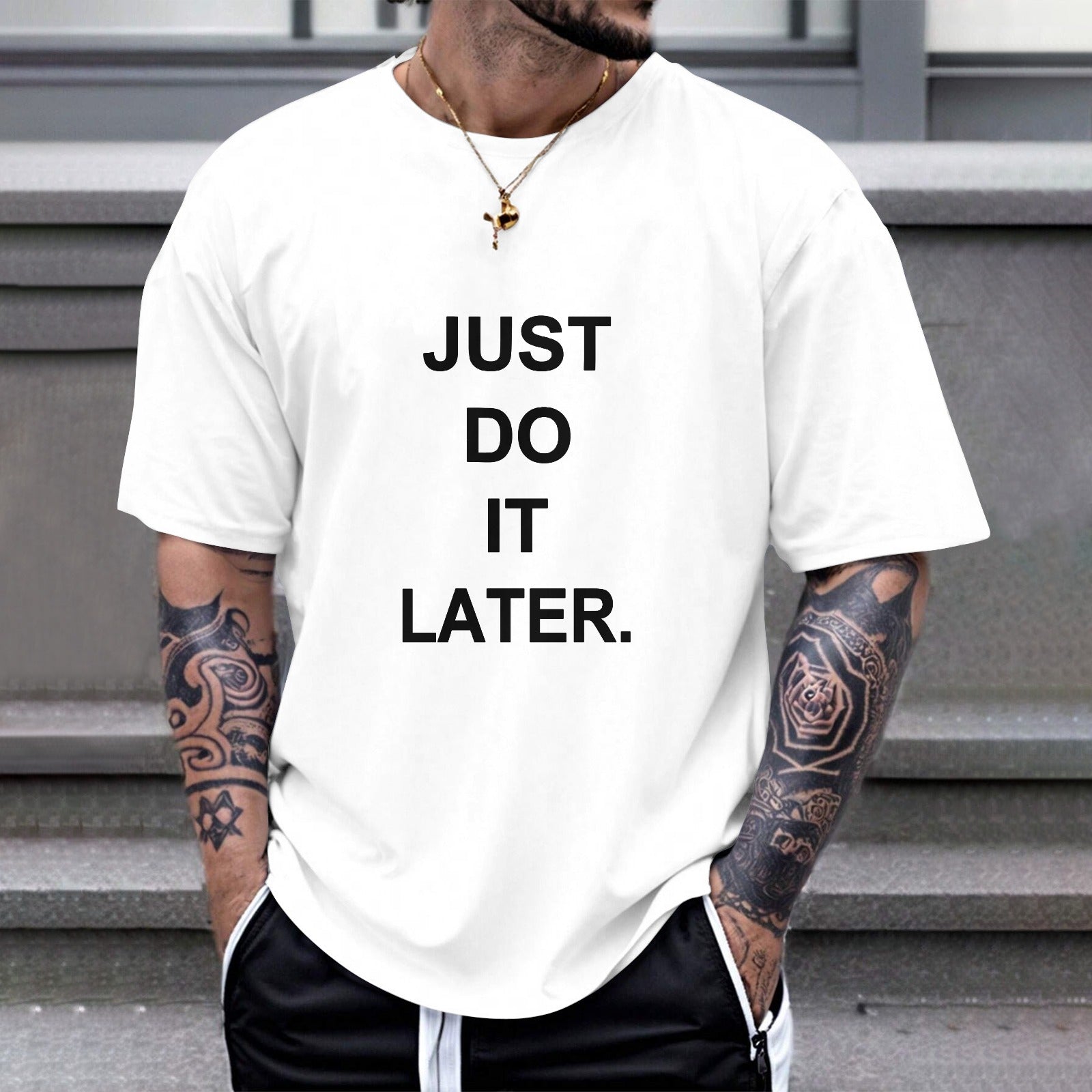 White cotton JUST DO IT LATER unisex t-shirt, Gildan. Suitable for fitness and leisure.