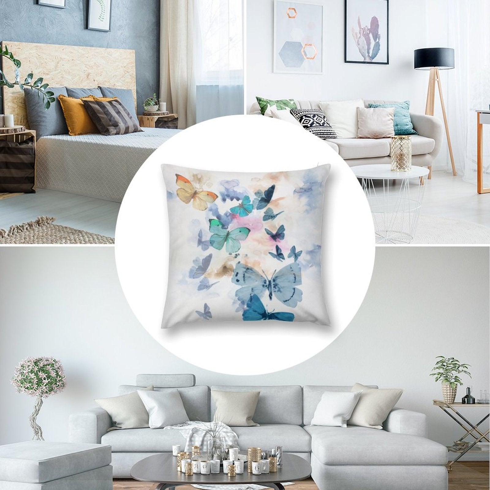 Butterfly pillow cover, soft and fluffy, perfect for sofa or couch. Watercolor design, blue, green, and orange butterflies.