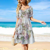 Floral print short sleeve mini dress. Polyester summer dress, perfect for casual beach outings.