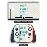 Personalized Switch skin stickers with heart design. Customizable console and Joy-Con covers with 'YOUR DESIGN HERE'.