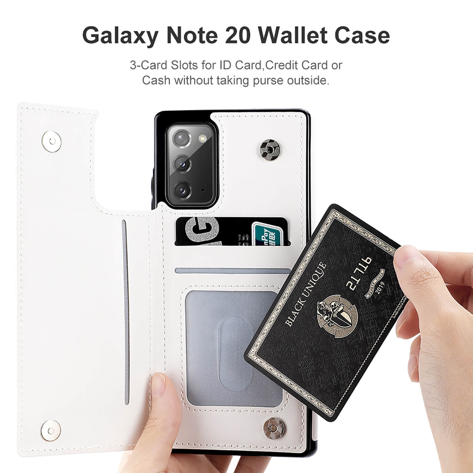 Samsung Galaxy Note 20 white wallet phone case with card slots and magnetic closure