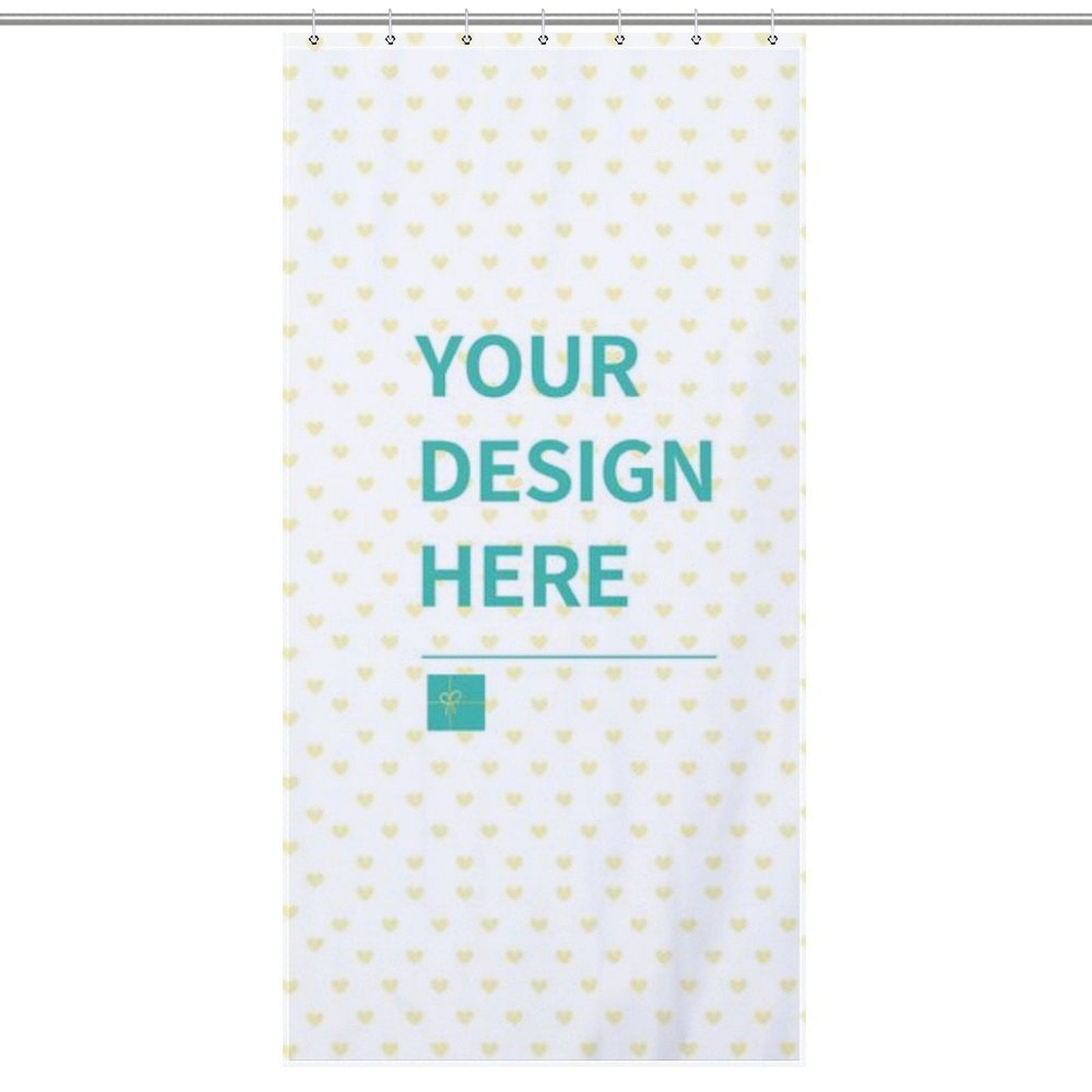Custom shower curtain with hook, personalized with 'Your Design Here' on a white background with heart pattern.