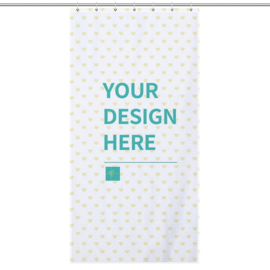 Custom shower curtain with hook, personalized with 'Your Design Here' on a white background with heart pattern.