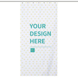 Custom shower curtain with hook, personalized with 'Your Design Here' on a white background with heart pattern.