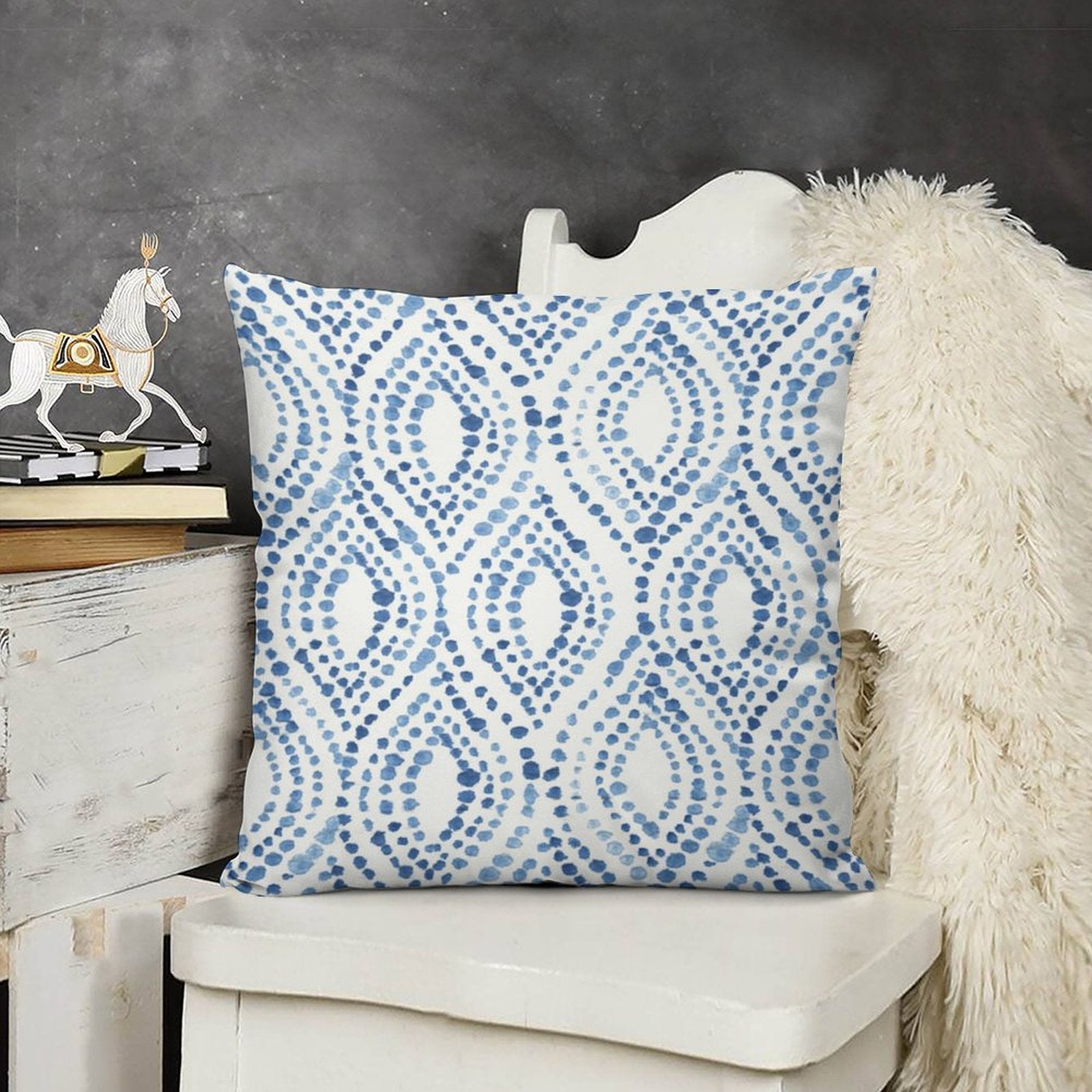 Blue dotted plush pillow cover. Decorative pillow for sofa or couch, featuring a unique dotted design.