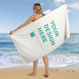 Personalized beach towel with your design, white with yellow hearts, by MyArtsyGift. For beach.
