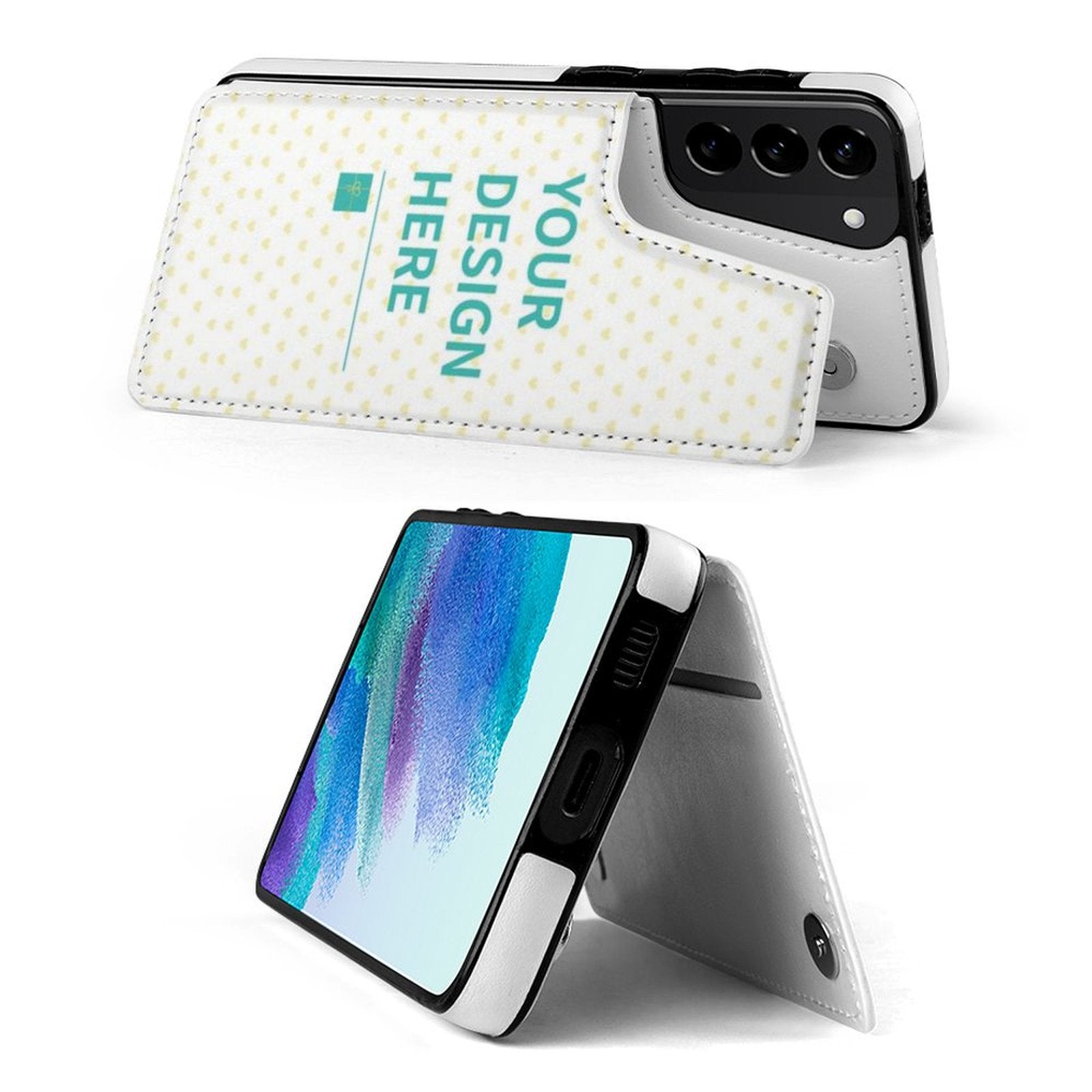 Samsung Galaxy S21 personalized flip phone case, white PU leather with 'YOUR DESIGN HERE', protective cover.
