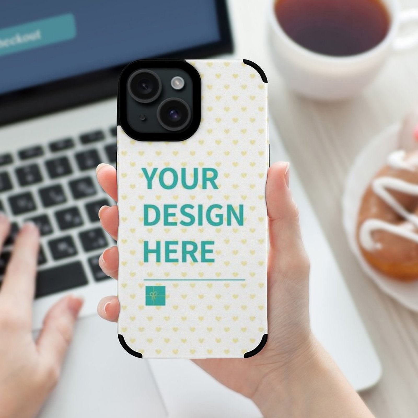 Custom iPhone 15 series phone case with 'YOUR DESIGN HERE' design, fiber leather cover.