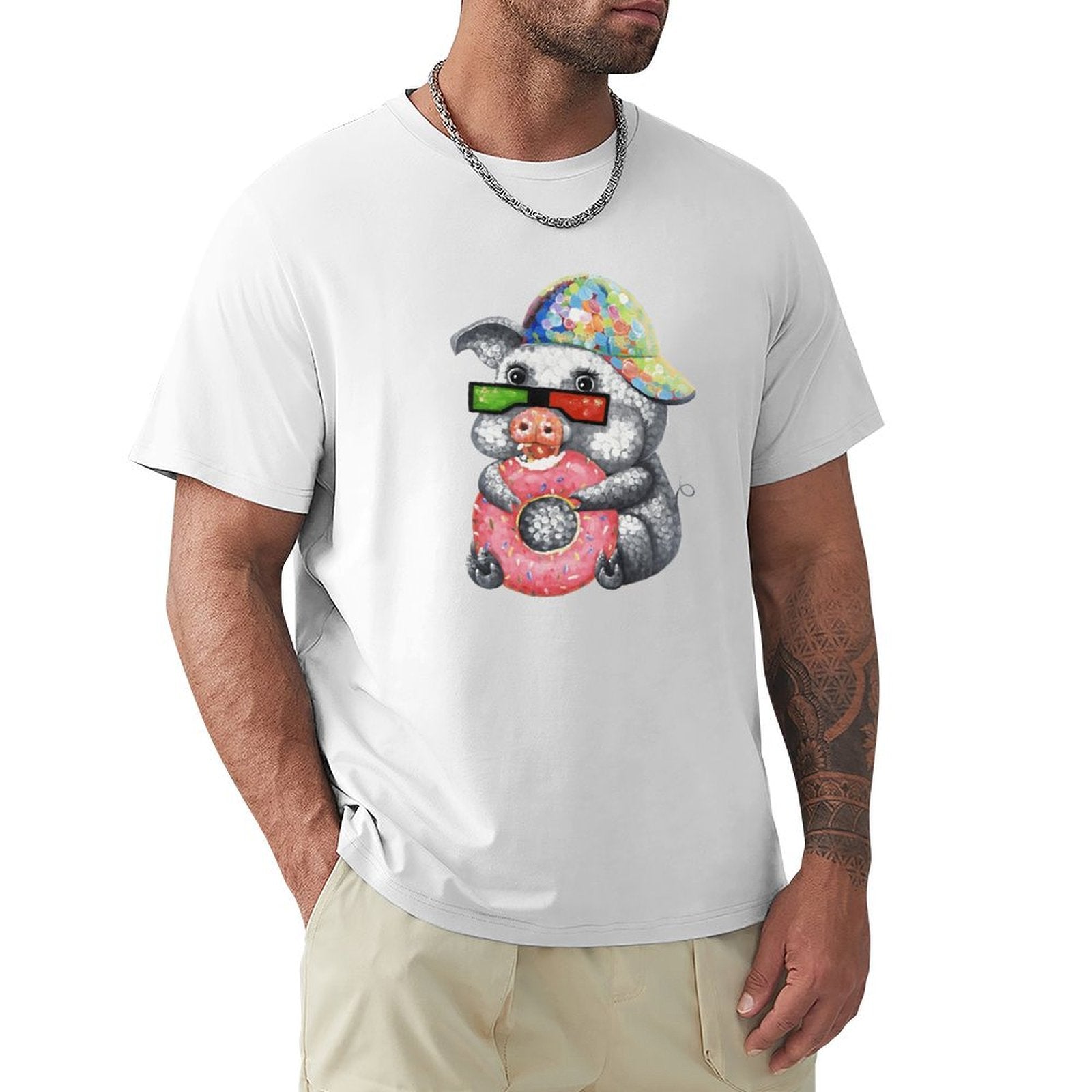 Men's white crew neck t-shirt featuring pig graphic with donut, MyArtsyGift classic tee.