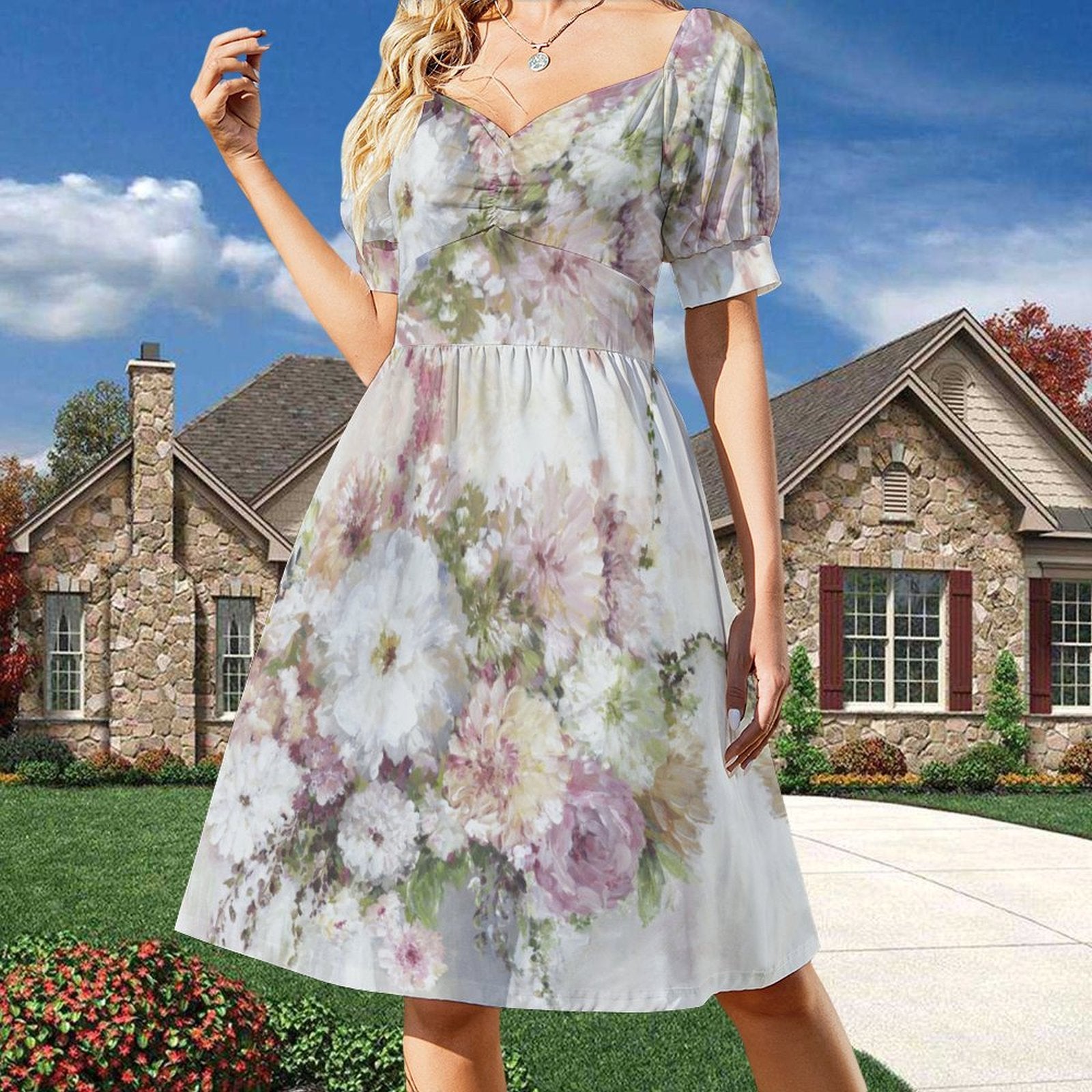 Floral print short sleeve mini dress. Polyester summer dress for women, casual outings.