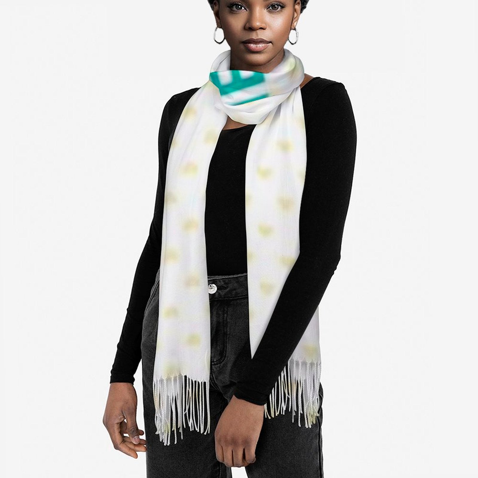 Woman wearing a custom imitation cashmere scarf with a unique design, perfect winter shawl.