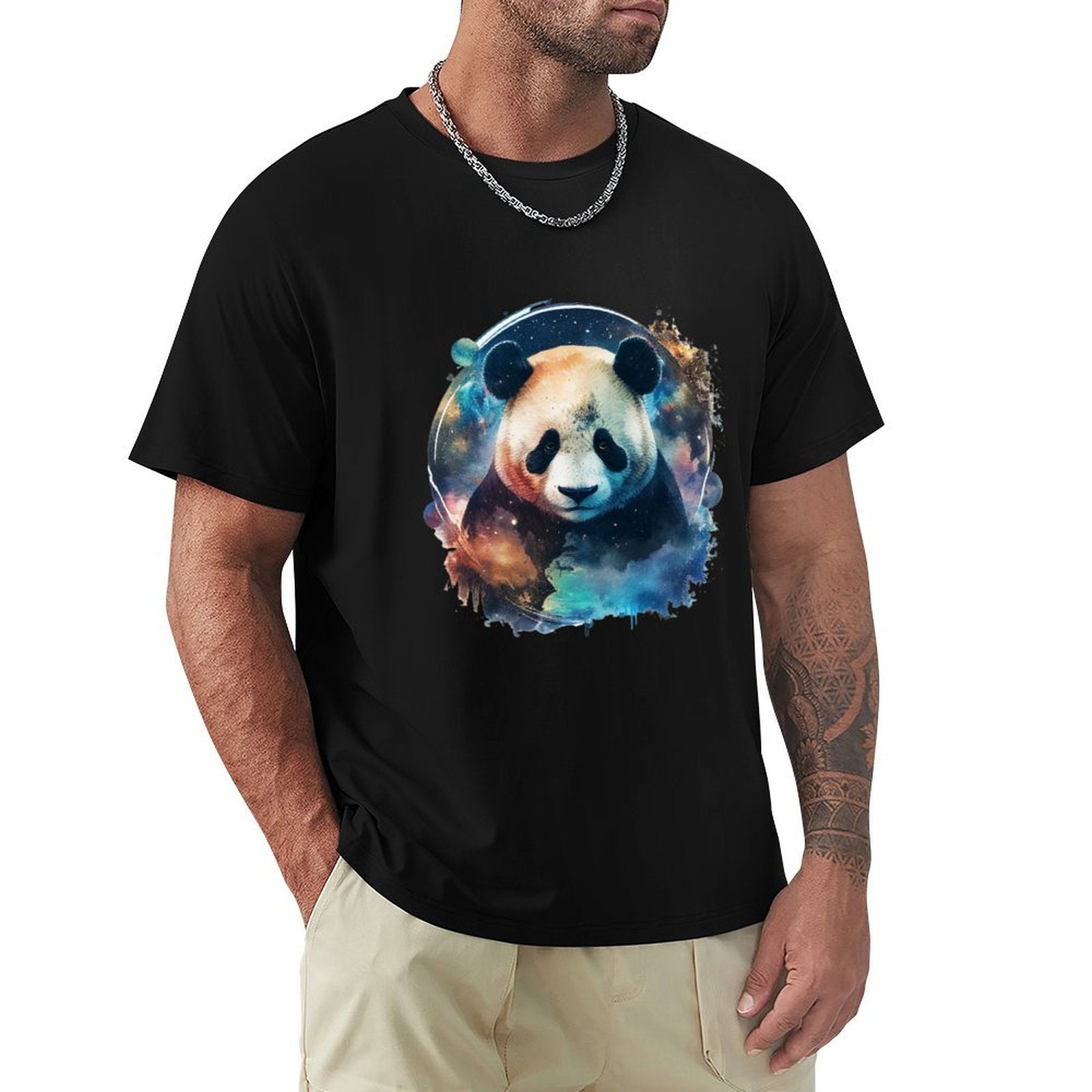 Men's black short sleeve t-shirt with panda design; comfortable classic tee