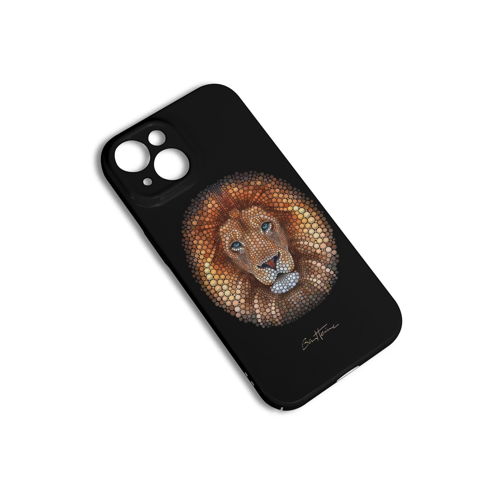 iPhone 15 phone case with African lion artwork by Ben Heine, black slim design.