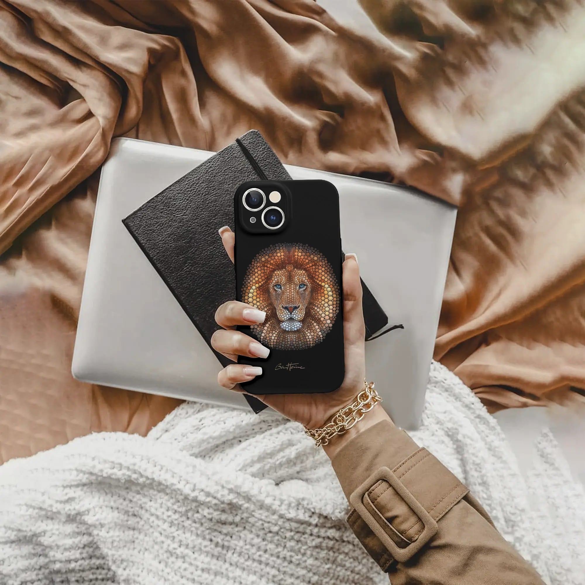 iPhone 15 phone case with African lion artwork by Ben Heine, black case, slim design, protective cover