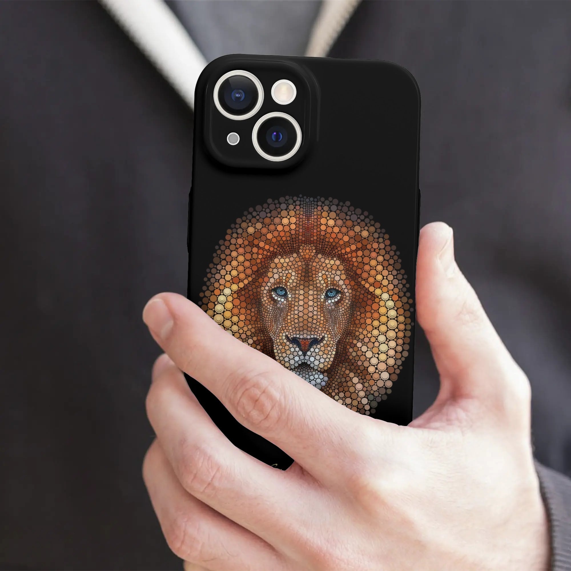 iPhone 15 phone case with African lion art, black protective cover, slim design