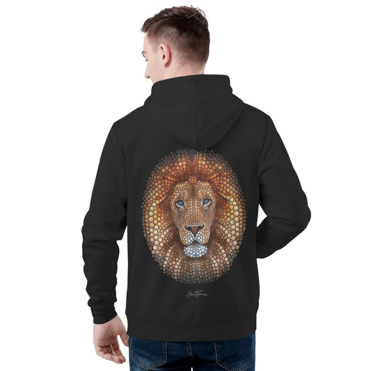 Mens Black Hoodie featuring a mosaic lion design by Ben Heine, comfortable polyester blend sweatshirt
