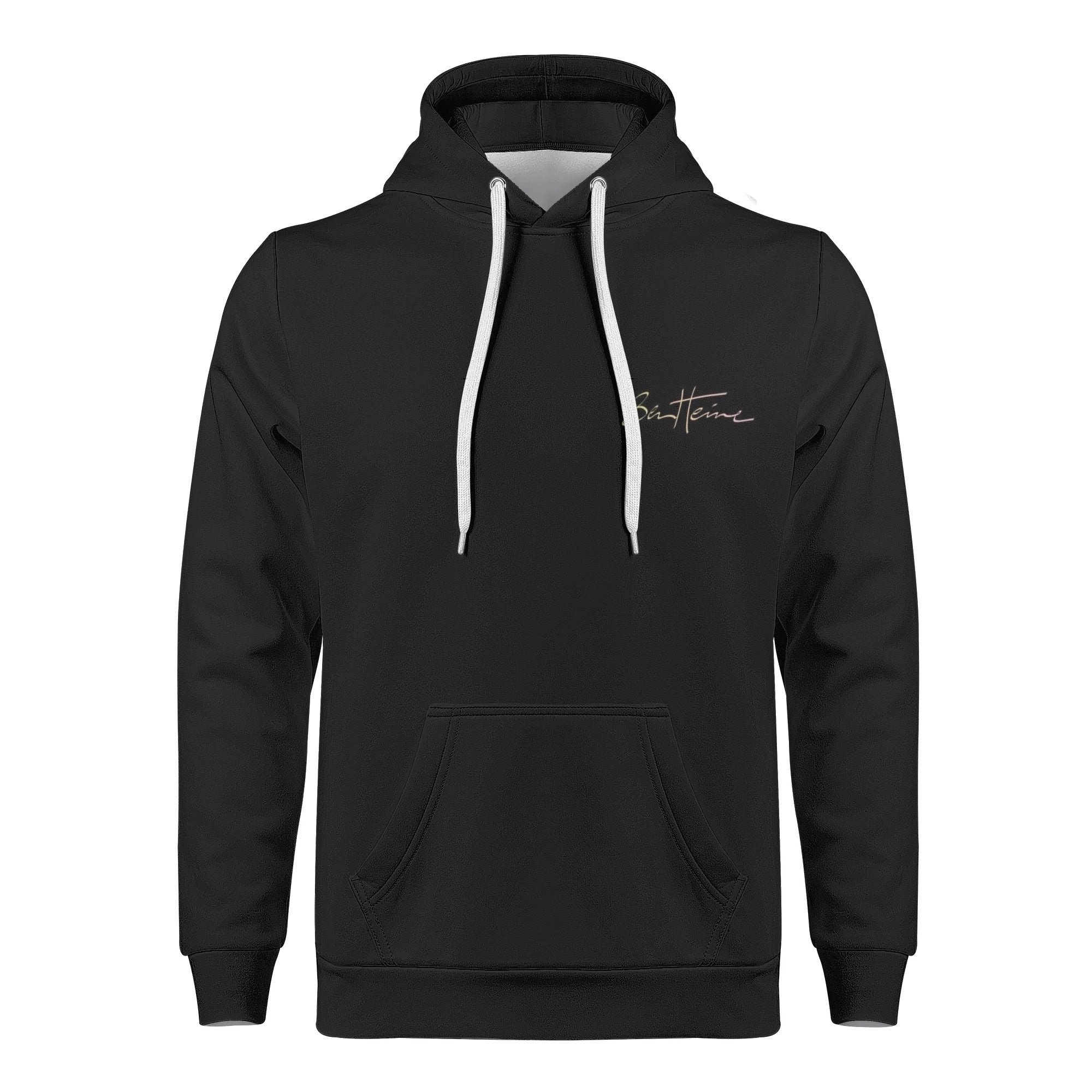 Black men's hoodie with 'Bartt Heine' signature logo, comfortable polyester blend sweatshirt