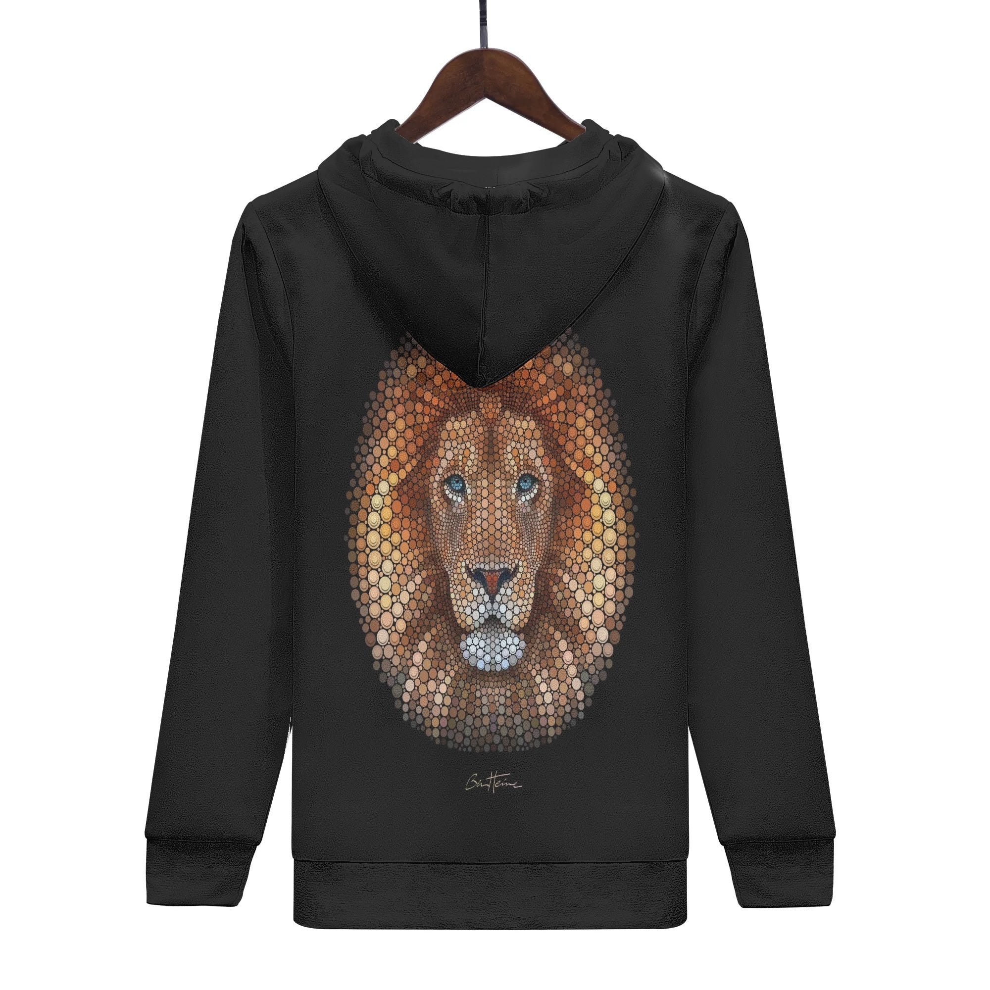Black men's hoodie with mosaic lion art by Ben Heine; comfortable polyester blend sweatshirt