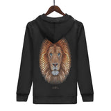 Black men's hoodie with mosaic lion art by Ben Heine; comfortable polyester blend sweatshirt