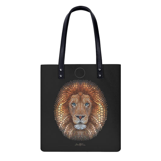 African Lion PU Leather Handbag by Ben Heine, black tote bag with lion artwork.
